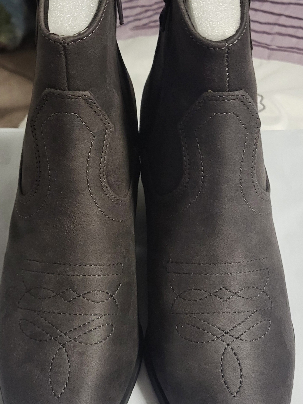 Women's Dark Gray Suede Ankle Boot with Western Stitching